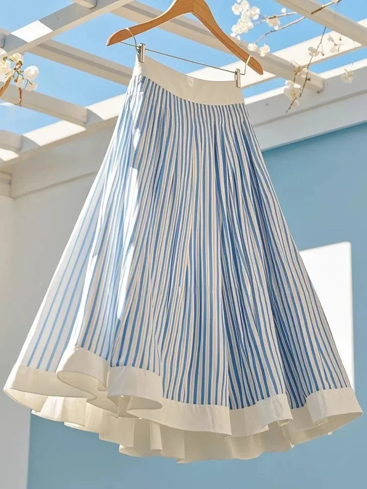 Casual Striped A Line Skirt Women Summer 2025 High Waist Pleated Midi Skirt Slim Fit Korean Chic Office Casual Fashion Outfit