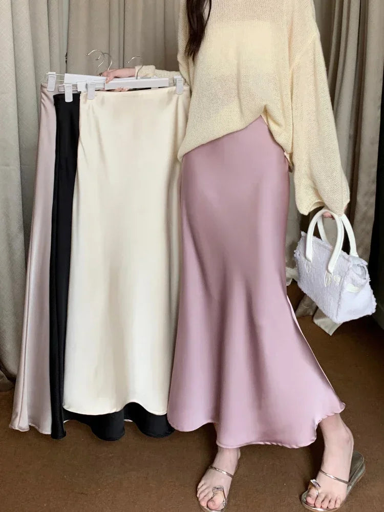 Spring Summer Women's Long Skirt High Waist Satin Silk A-line Skirt Ladies Korean Fashion Solid Pink Fishtail Skirts for Women