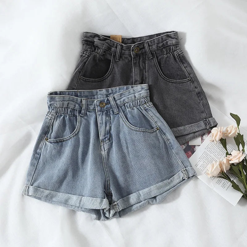 Summer High Waist Denim Shorts Women 2026 Casual Korean Fashion Elastic Waist Wide Leg Loose Short Jeans Female Cowboy Pants