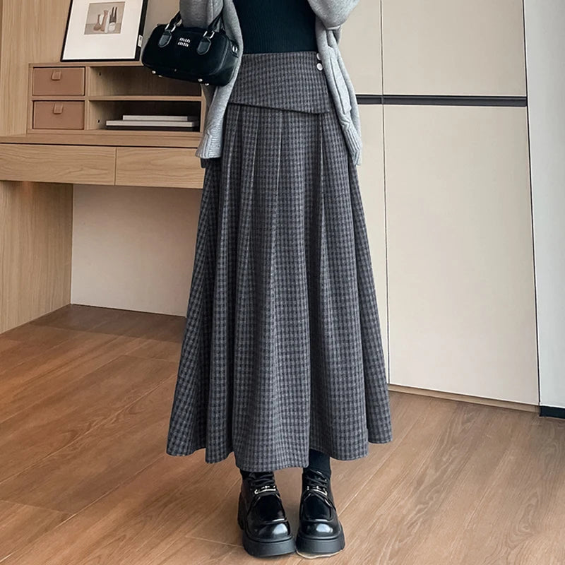 Women Fall Winter Plaid Midi Skirt Faux Wool Elegant Perppy Style Skirt Pleated Slim A Line Vintage Classic Harajuku Y2K Skirt