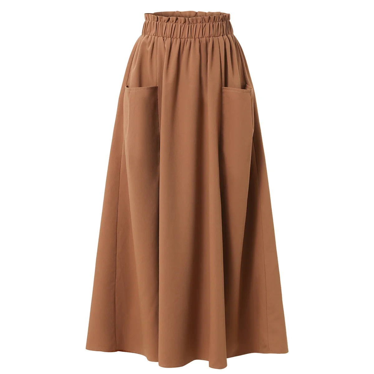 Women's High Waist  Midi Skirt with Pockets - Elastic Waist A-Line Flowy Skirt for Casual and Office Wear