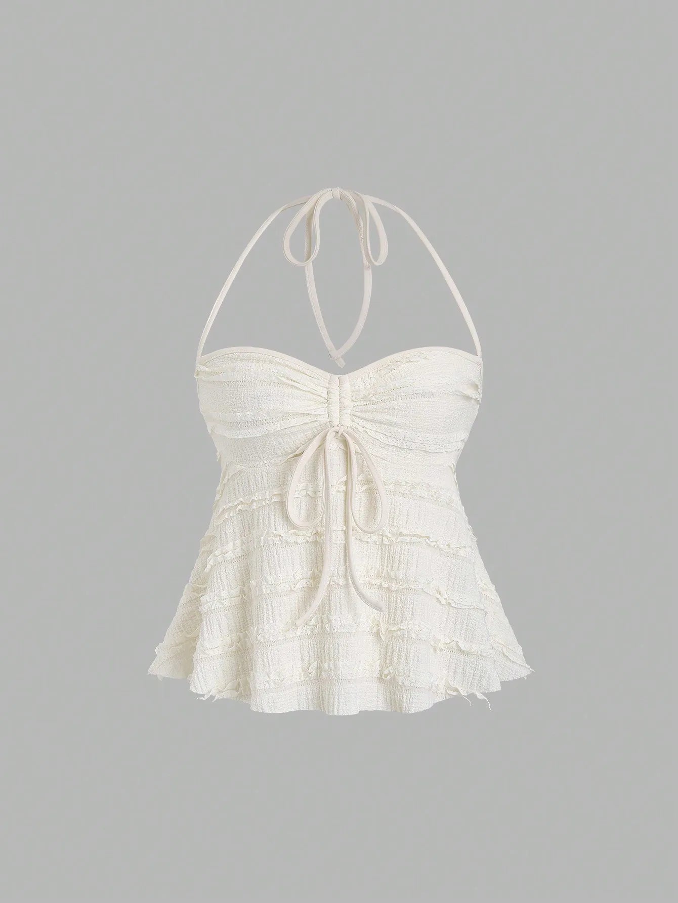 Women's Summer Fashion Casual Apricot Drawstring Neck Knitted Lace Textured Short Halter Neck Lace Up Vest Top